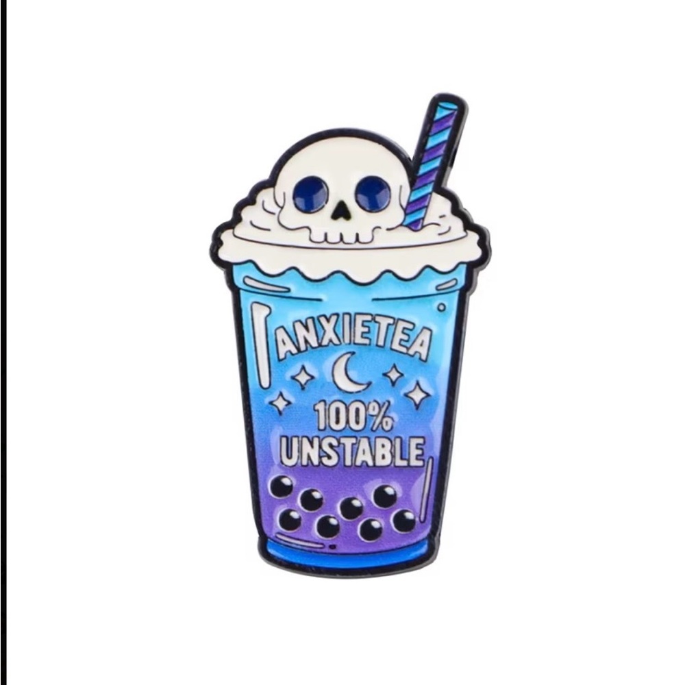 Anxietea 100% Unstable Bubble Tea Enamel Pin - Blue & Purple - Picture 2 of 4